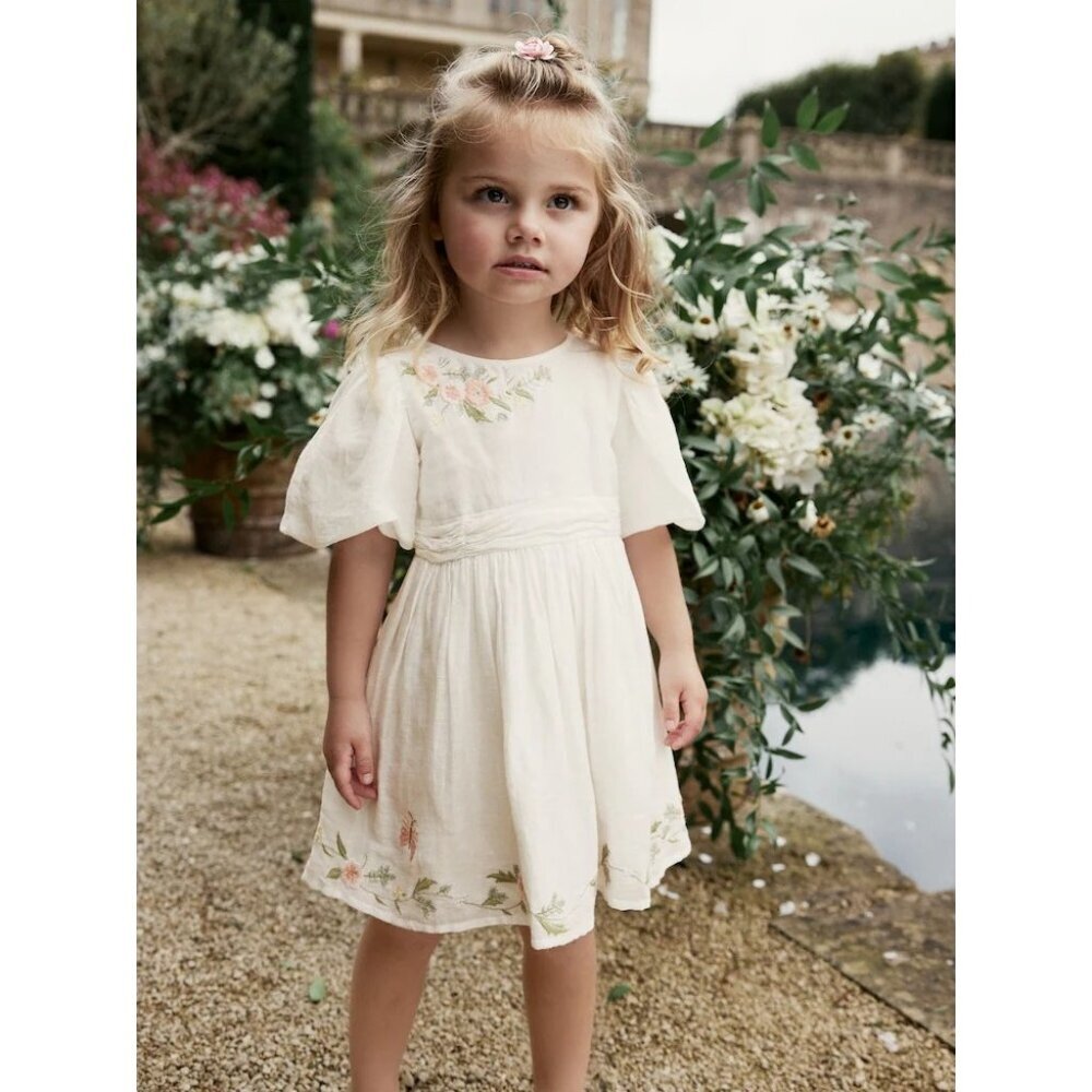 NEW Next Girl Puff Sleeve Embroidered White Cotton Dress Age 5-6 years $132 [jb]